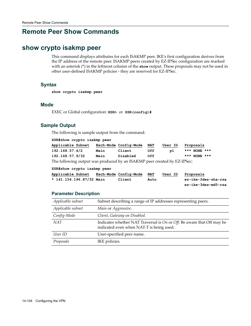 Remote peer show commands, Remote peer show commands -104, Remote peer show commands show crypto isakmp peer | Enterasys Networks X-Pedition XSR CLI User Manual | Page 558 / 684