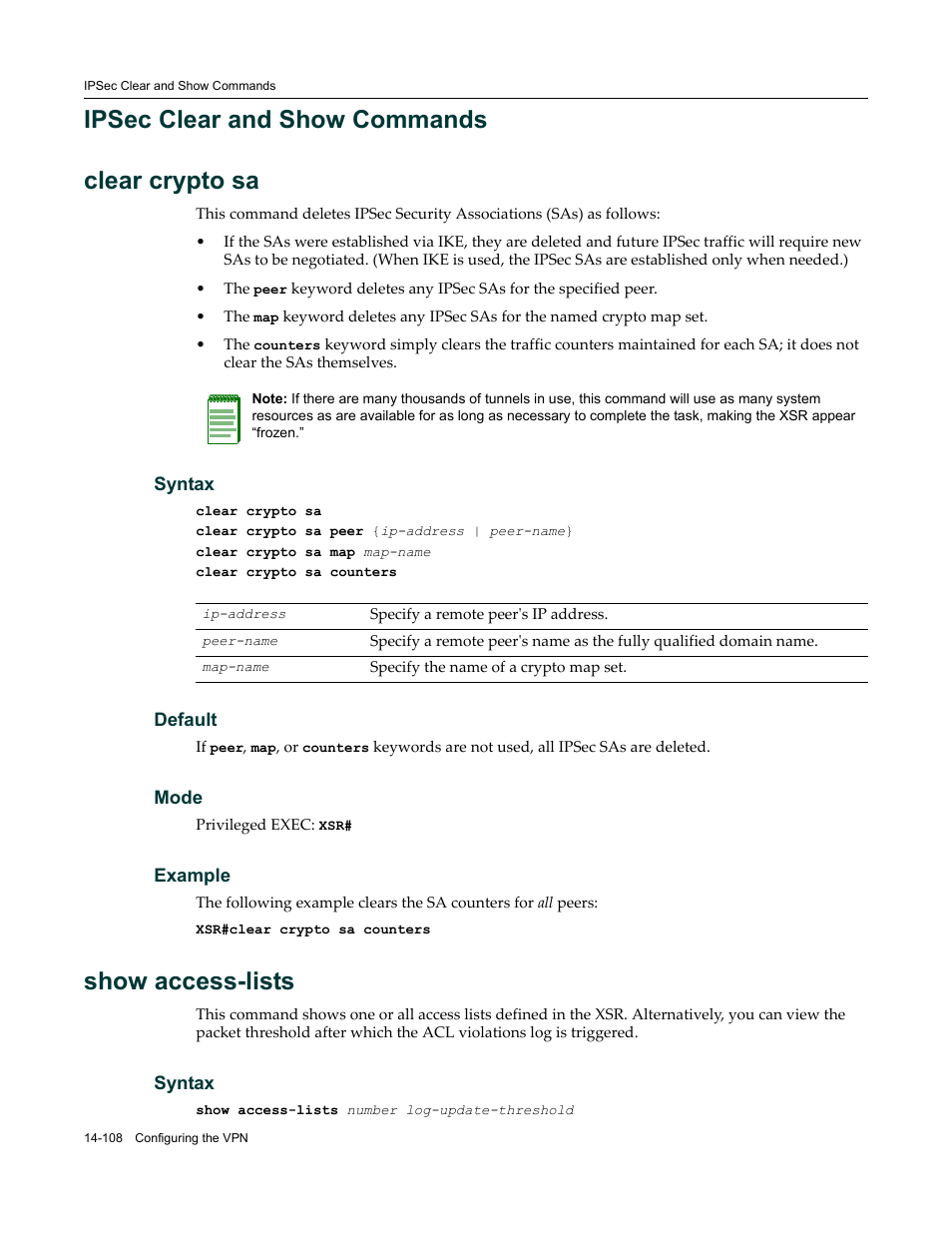 Ipsec clear and show commands, Ipsec clear and show commands -108, Ipsec clear and show commands clear crypto sa | Show access-lists | Enterasys Networks X-Pedition XSR CLI User Manual | Page 562 / 684