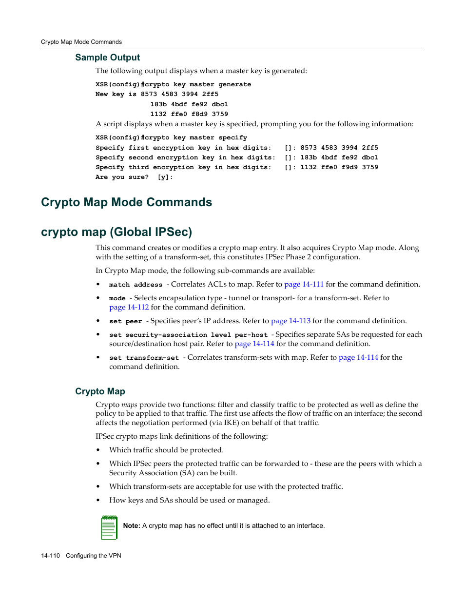 Crypto map mode commands, Crypto map mode commands -110, Crypto map mode commands crypto map (global ipsec) | Enterasys Networks X-Pedition XSR CLI User Manual | Page 564 / 684