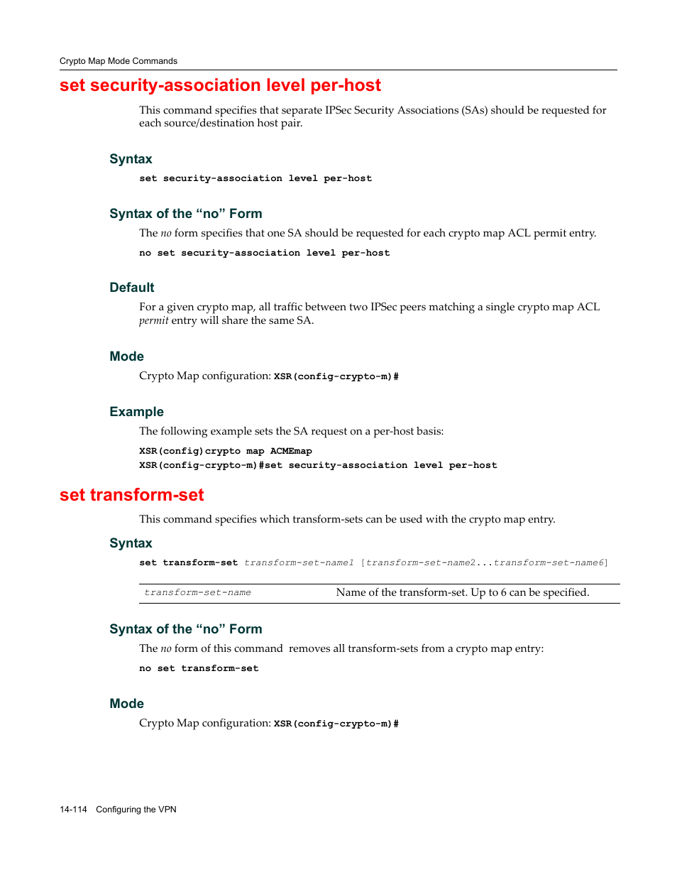 Set security-association level per-host, Set transform-set | Enterasys Networks X-Pedition XSR CLI User Manual | Page 568 / 684