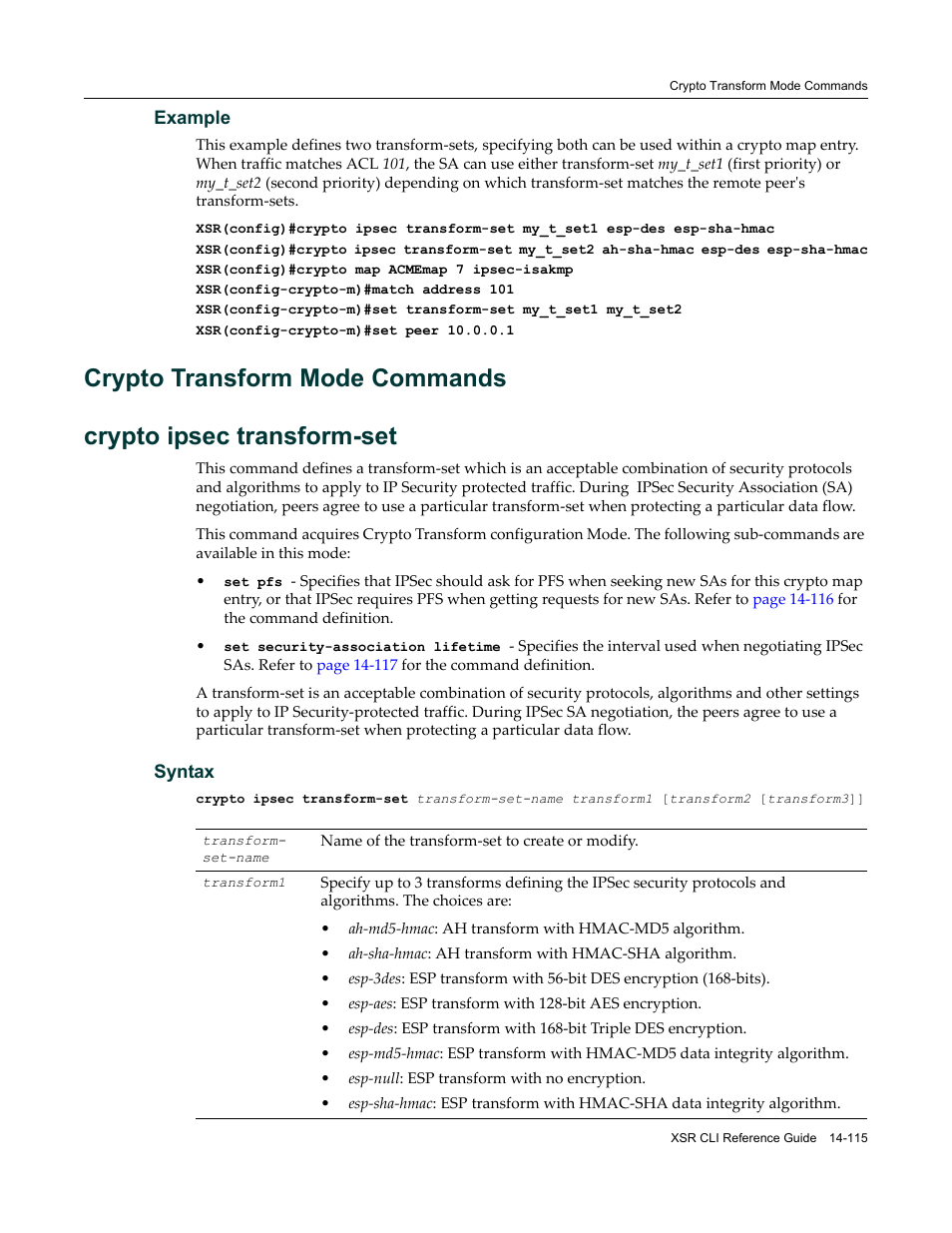 Crypto transform mode commands, Crypto transform mode commands -115 | Enterasys Networks X-Pedition XSR CLI User Manual | Page 569 / 684