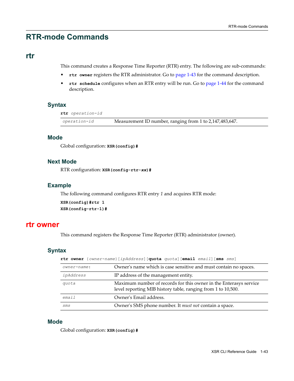 Rtr-mode commands, Rtr-mode commands -43, Rtr‐mode commands | Rtr-mode commands rtr, Rtr owner | Enterasys Networks X-Pedition XSR CLI User Manual | Page 57 / 684