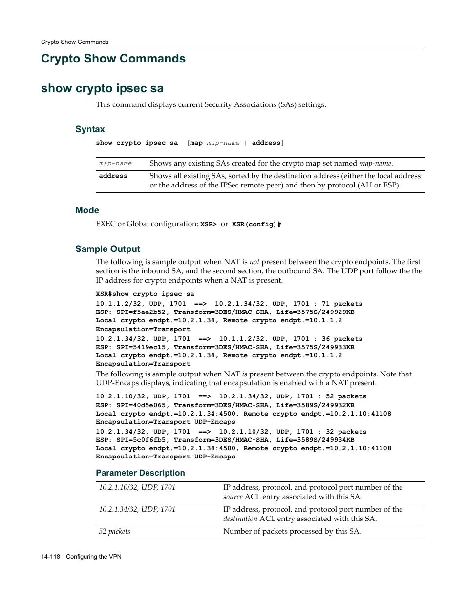 Crypto show commands, Crypto show commands -118, Crypto show commands show crypto ipsec sa | Enterasys Networks X-Pedition XSR CLI User Manual | Page 572 / 684