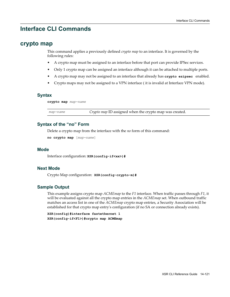 Interface cli commands, Interface cli commands -121, Interface cli commands crypto map | Enterasys Networks X-Pedition XSR CLI User Manual | Page 575 / 684