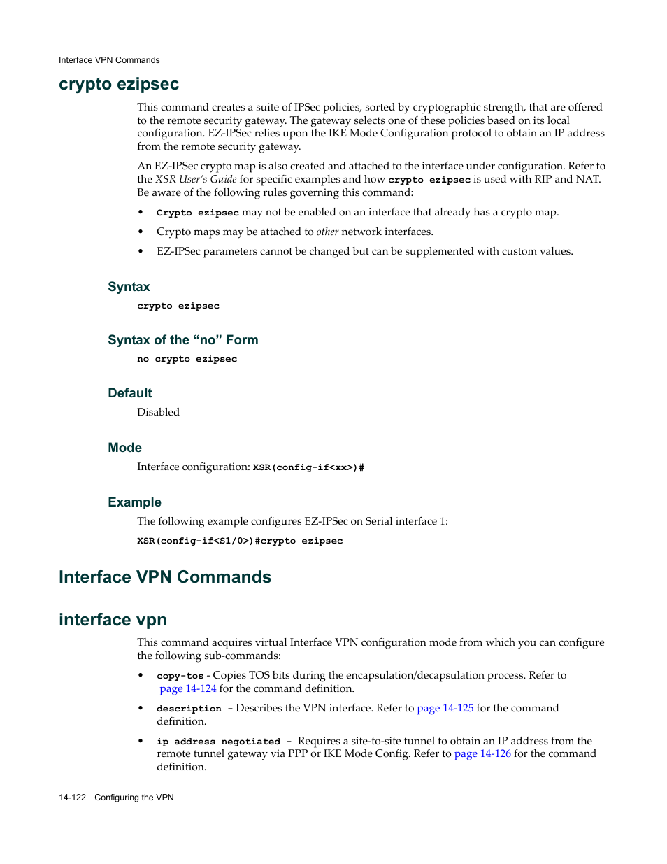 Interface vpn commands, Interface vpn commands -122, Crypto ezipsec | Interface vpn commands interface vpn | Enterasys Networks X-Pedition XSR CLI User Manual | Page 576 / 684