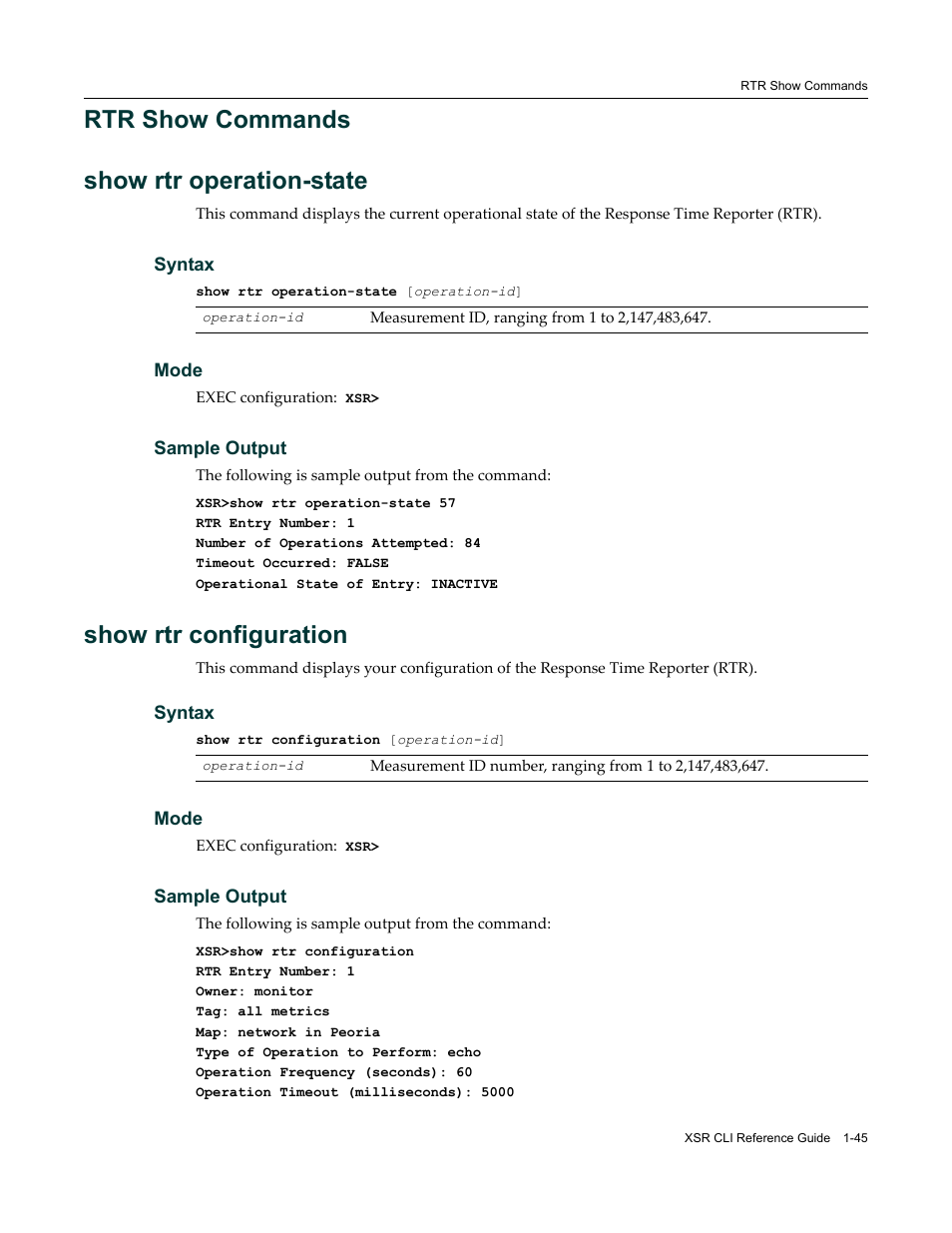 Rtr show commands, Rtr show commands -45, Rtr show commands show rtr operation-state | Show rtr configuration | Enterasys Networks X-Pedition XSR CLI User Manual | Page 59 / 684
