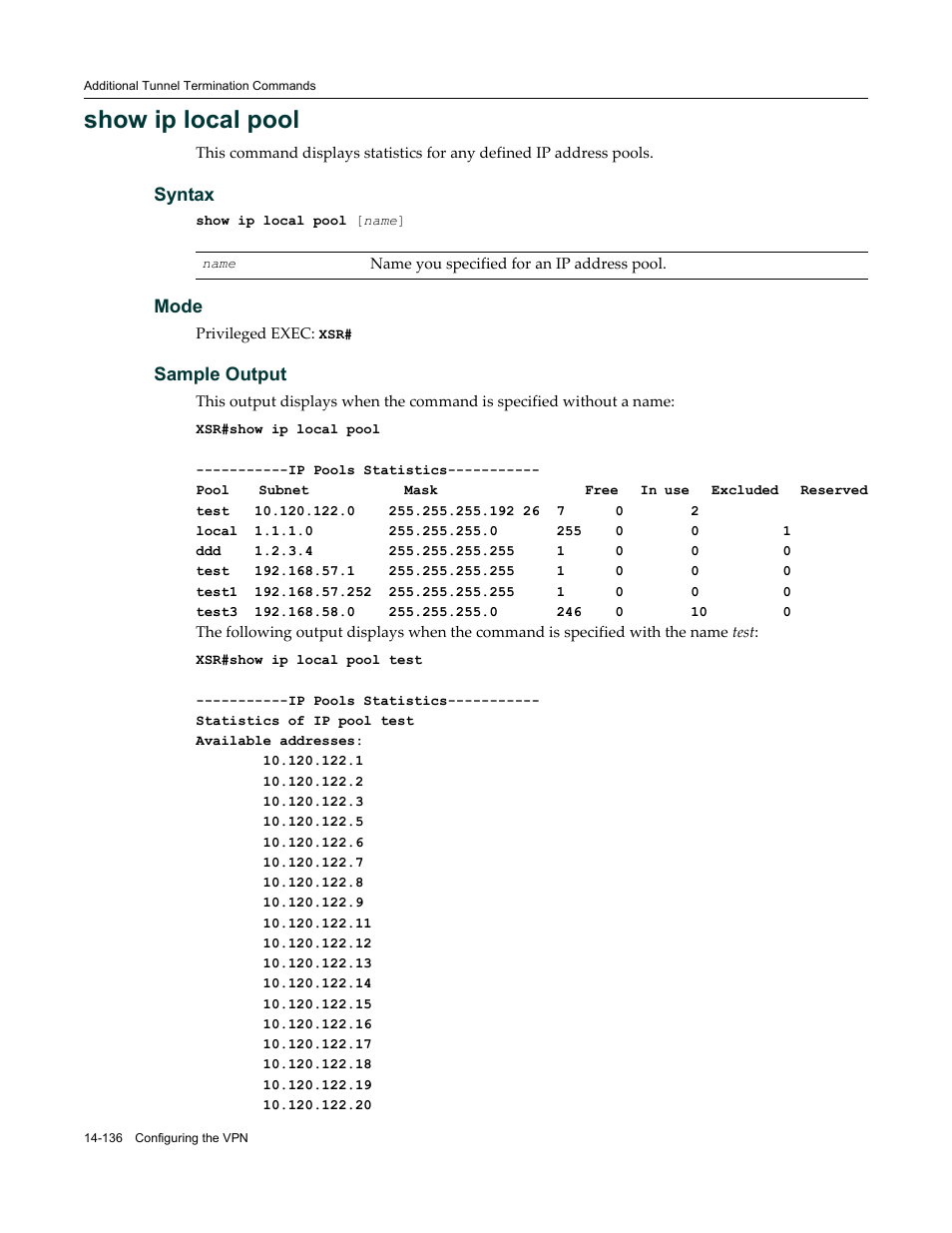 Show ip local pool | Enterasys Networks X-Pedition XSR CLI User Manual | Page 590 / 684