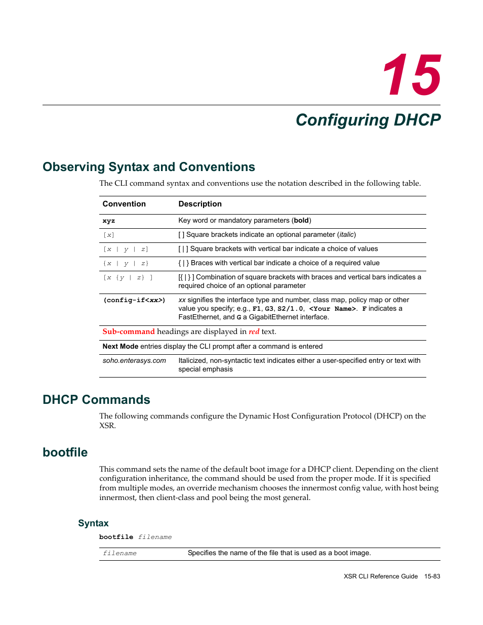 Configuring dhcp, Observing syntax and conventions, Dhcp commands | Chapter 15: configuring dhcp, Bootfile | Enterasys Networks X-Pedition XSR CLI User Manual | Page 593 / 684