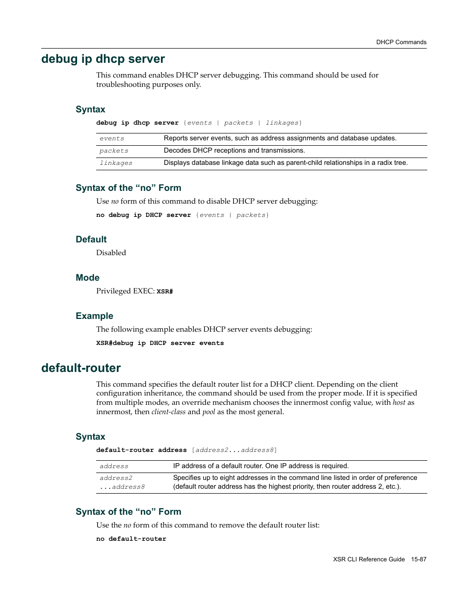 Debug ip dhcp server, Default-router | Enterasys Networks X-Pedition XSR CLI User Manual | Page 597 / 684