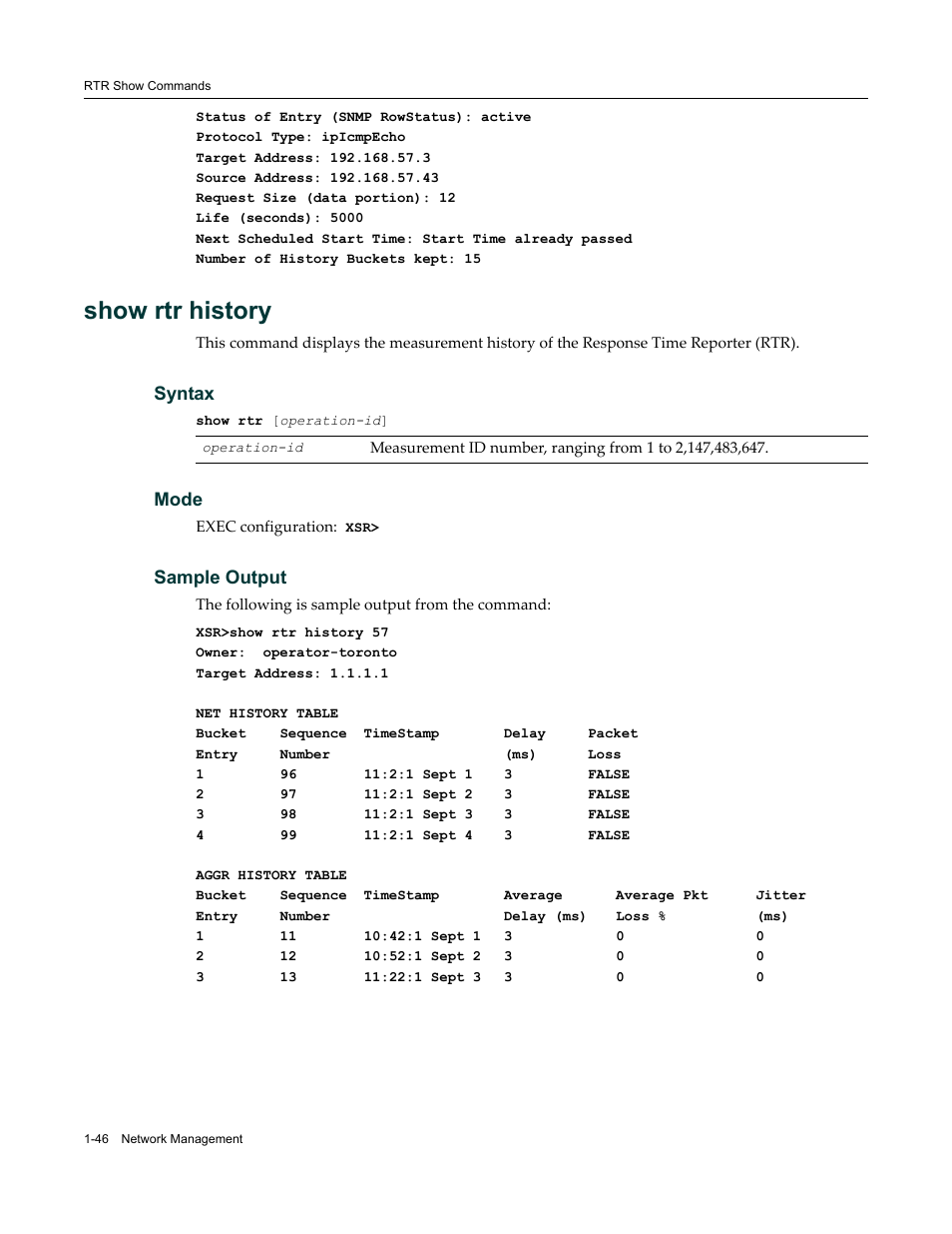 Show rtr history, Syntax, Mode | Sample output | Enterasys Networks X-Pedition XSR CLI User Manual | Page 60 / 684