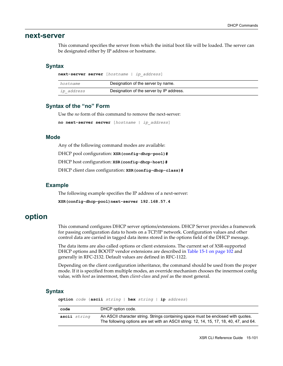 Next-server, Option | Enterasys Networks X-Pedition XSR CLI User Manual | Page 611 / 684