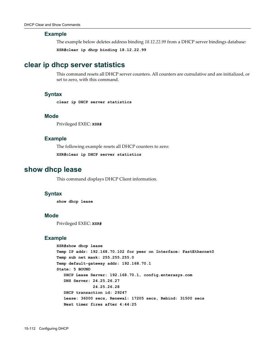 Clear ip dhcp server statistics, Show dhcp lease | Enterasys Networks X-Pedition XSR CLI User Manual | Page 622 / 684