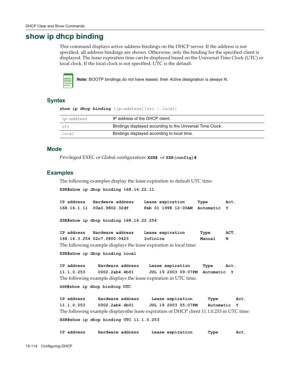 Show ip dhcp binding, Syntax, Mode | Examples | Enterasys Networks X-Pedition XSR CLI User Manual | Page 624 / 684