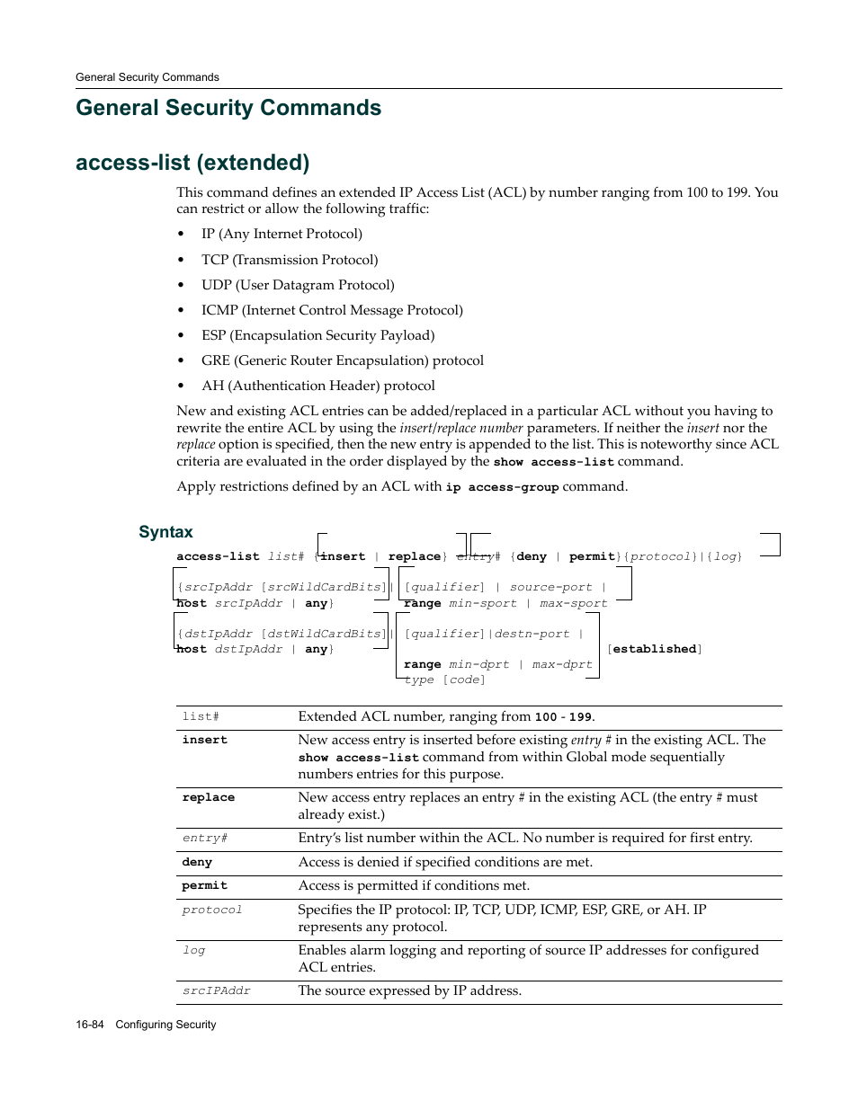 General security commands, General security commands -84, General security commands access-list (extended) | Enterasys Networks X-Pedition XSR CLI User Manual | Page 628 / 684