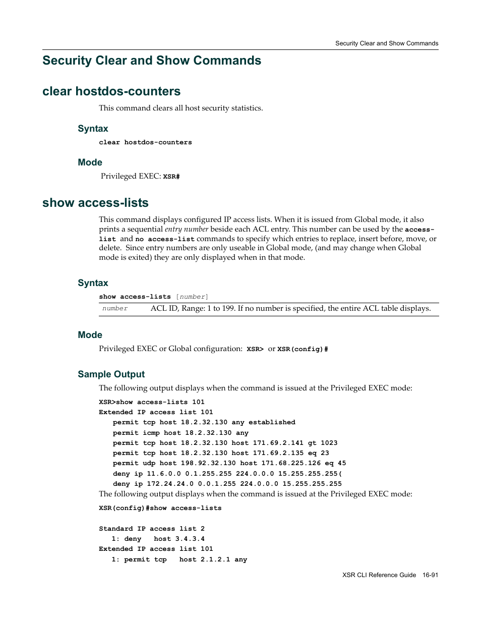 Security clear and show commands, Security clear and show commands -91, Show access-lists | Enterasys Networks X-Pedition XSR CLI User Manual | Page 635 / 684