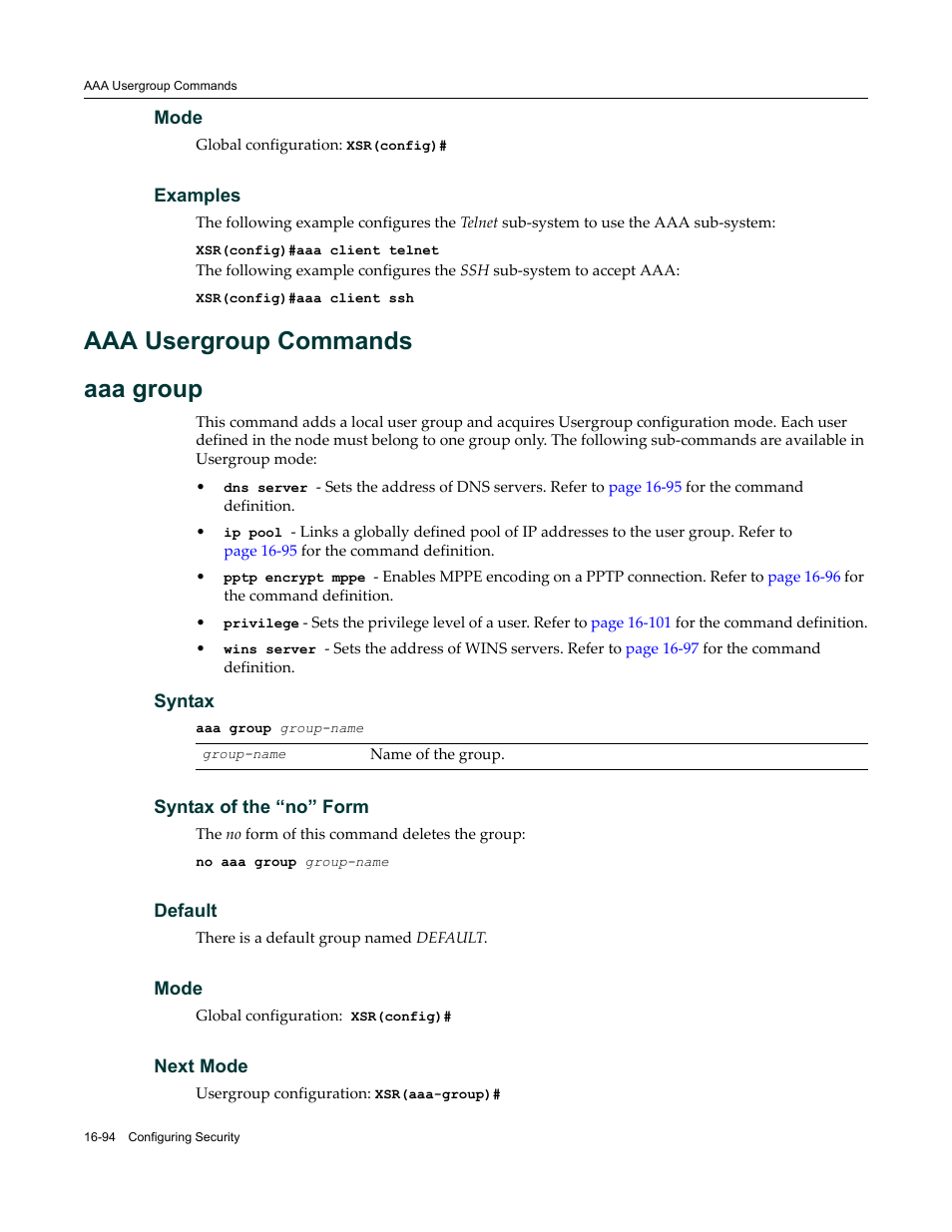 Aaa usergroup commands, Aaa usergroup commands -94, Aaa usergroup commands aaa group | Enterasys Networks X-Pedition XSR CLI User Manual | Page 638 / 684