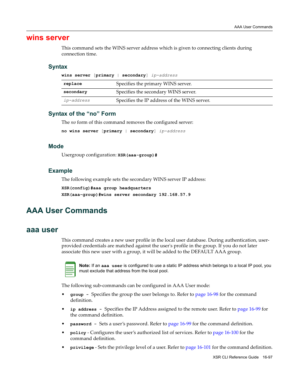 Aaa user commands, Aaa user commands -97, Wins server | Aaa user commands aaa user | Enterasys Networks X-Pedition XSR CLI User Manual | Page 641 / 684