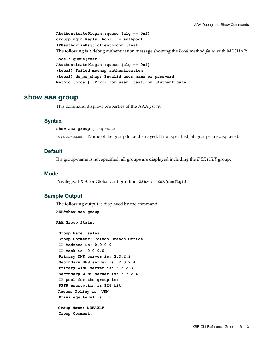 Show aaa group | Enterasys Networks X-Pedition XSR CLI User Manual | Page 657 / 684