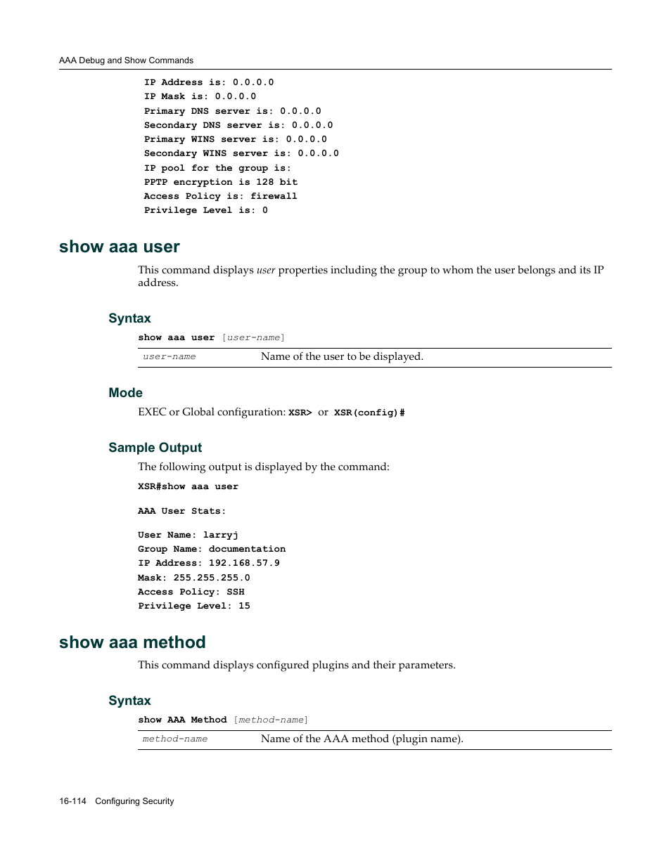 Show aaa user, Show aaa method | Enterasys Networks X-Pedition XSR CLI User Manual | Page 658 / 684