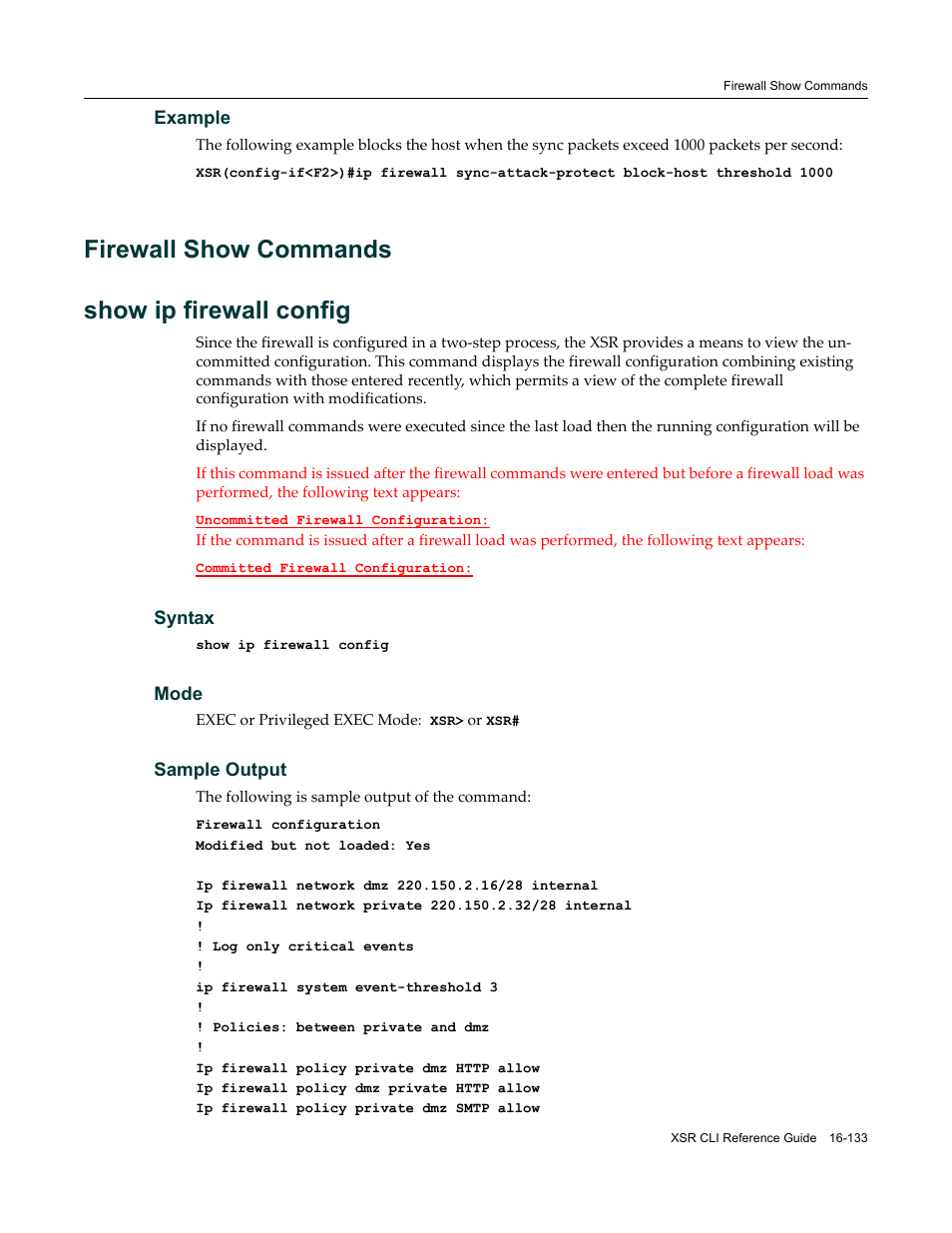 Firewall show commands, Firewall show commands -133, Firewall show commands show ip firewall config | Enterasys Networks X-Pedition XSR CLI User Manual | Page 677 / 684