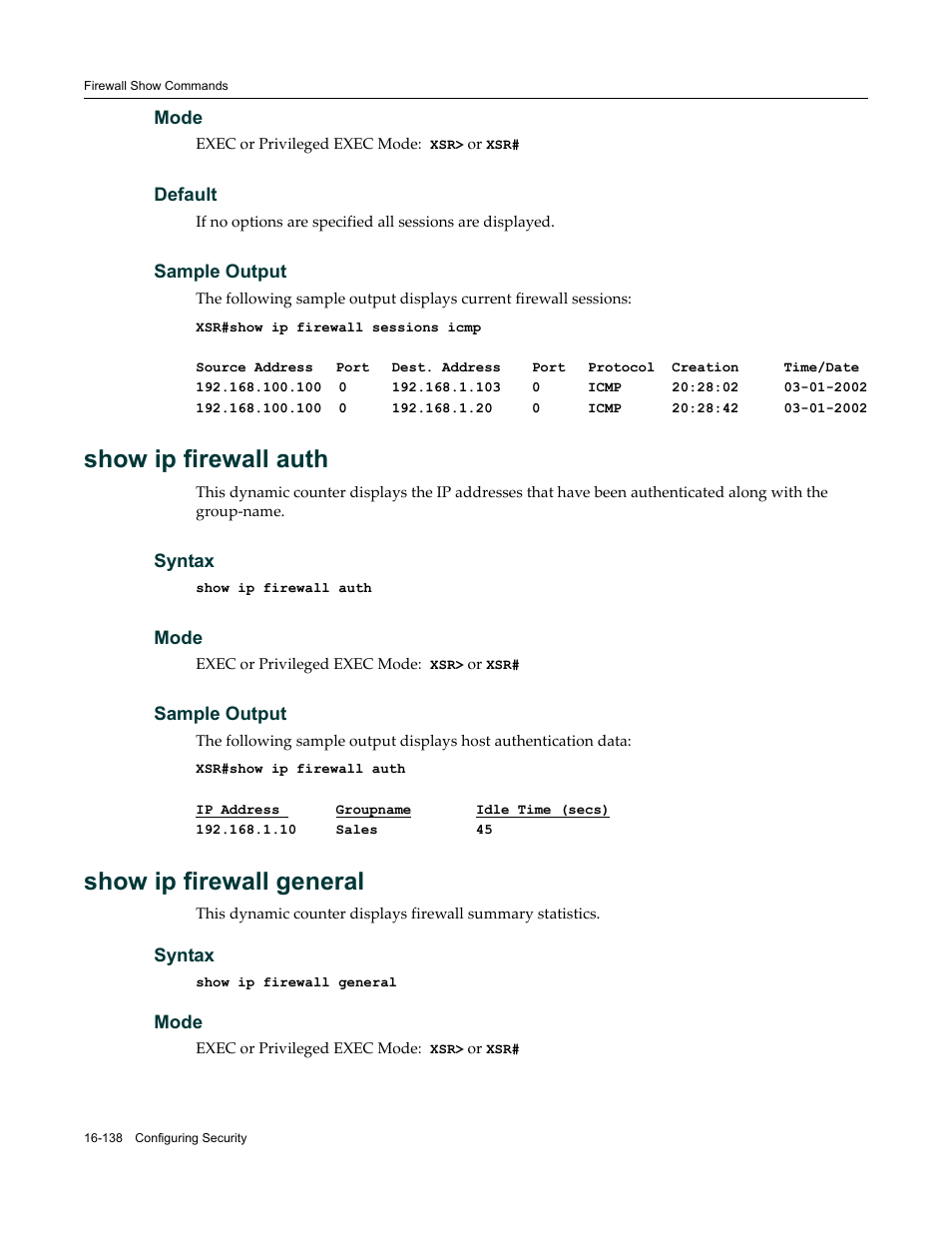 Show ip firewall auth, Show ip firewall general | Enterasys Networks X-Pedition XSR CLI User Manual | Page 682 / 684