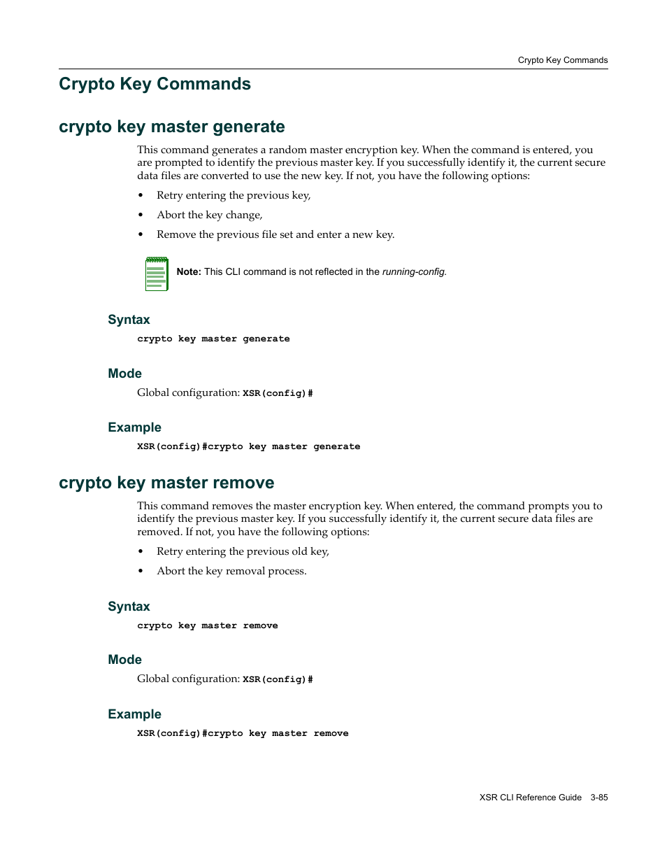Crypto key commands, Crypto key commands -85, Crypto key commands crypto key master generate | Crypto key master remove | Enterasys Networks X-Pedition XSR CLI User Manual | Page 91 / 684