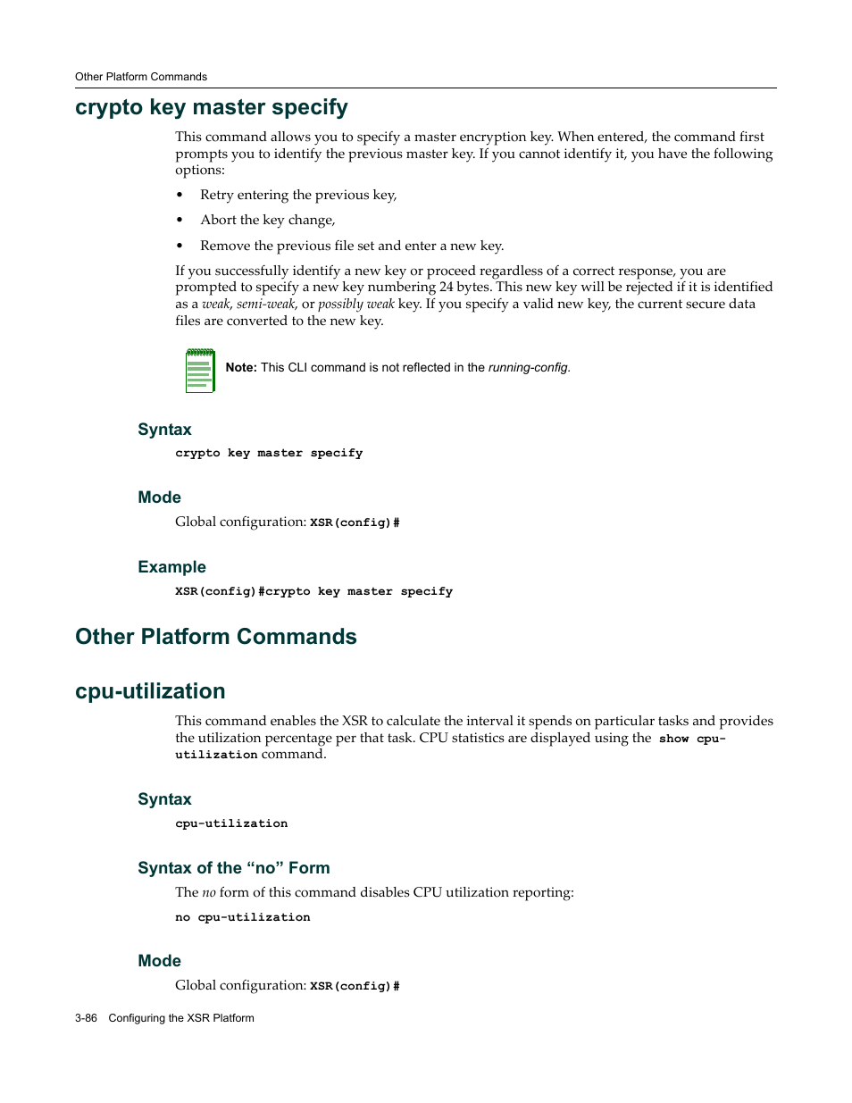 Other platform commands, Other platform commands -86, Crypto key master specify | Other platform commands cpu-utilization | Enterasys Networks X-Pedition XSR CLI User Manual | Page 92 / 684