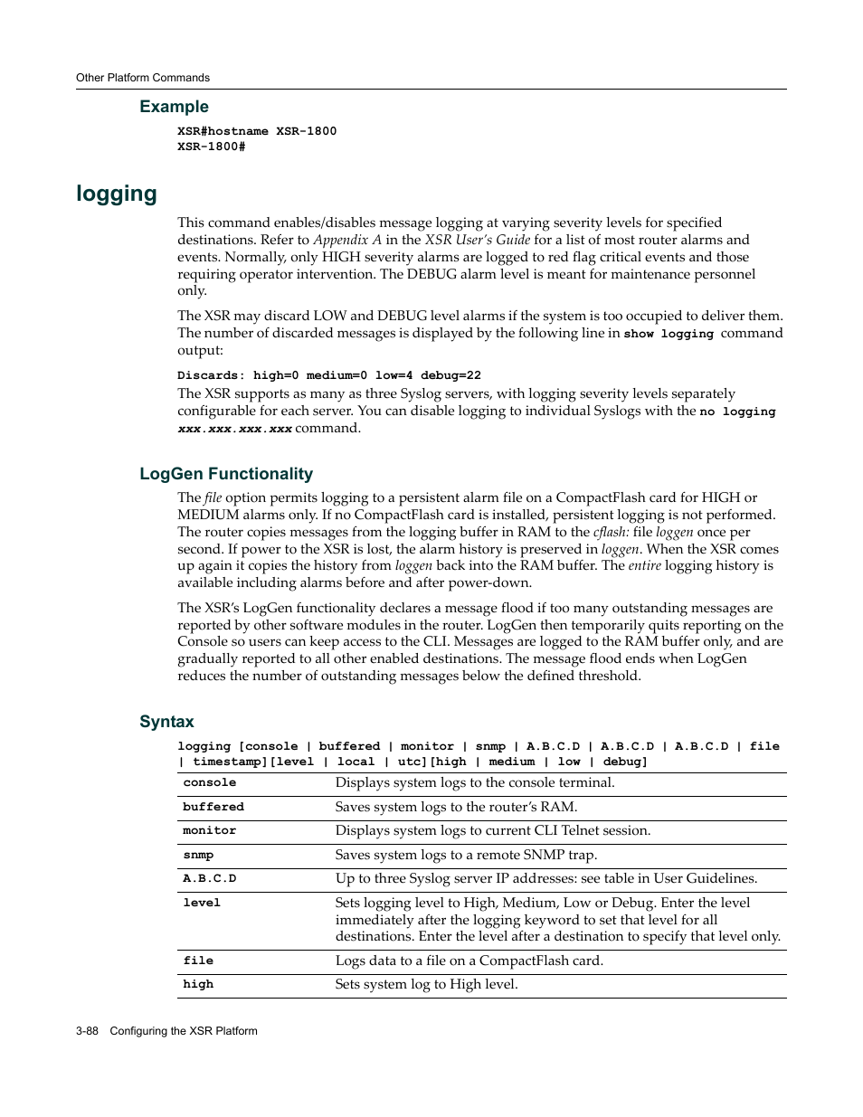 Logging | Enterasys Networks X-Pedition XSR CLI User Manual | Page 94 / 684