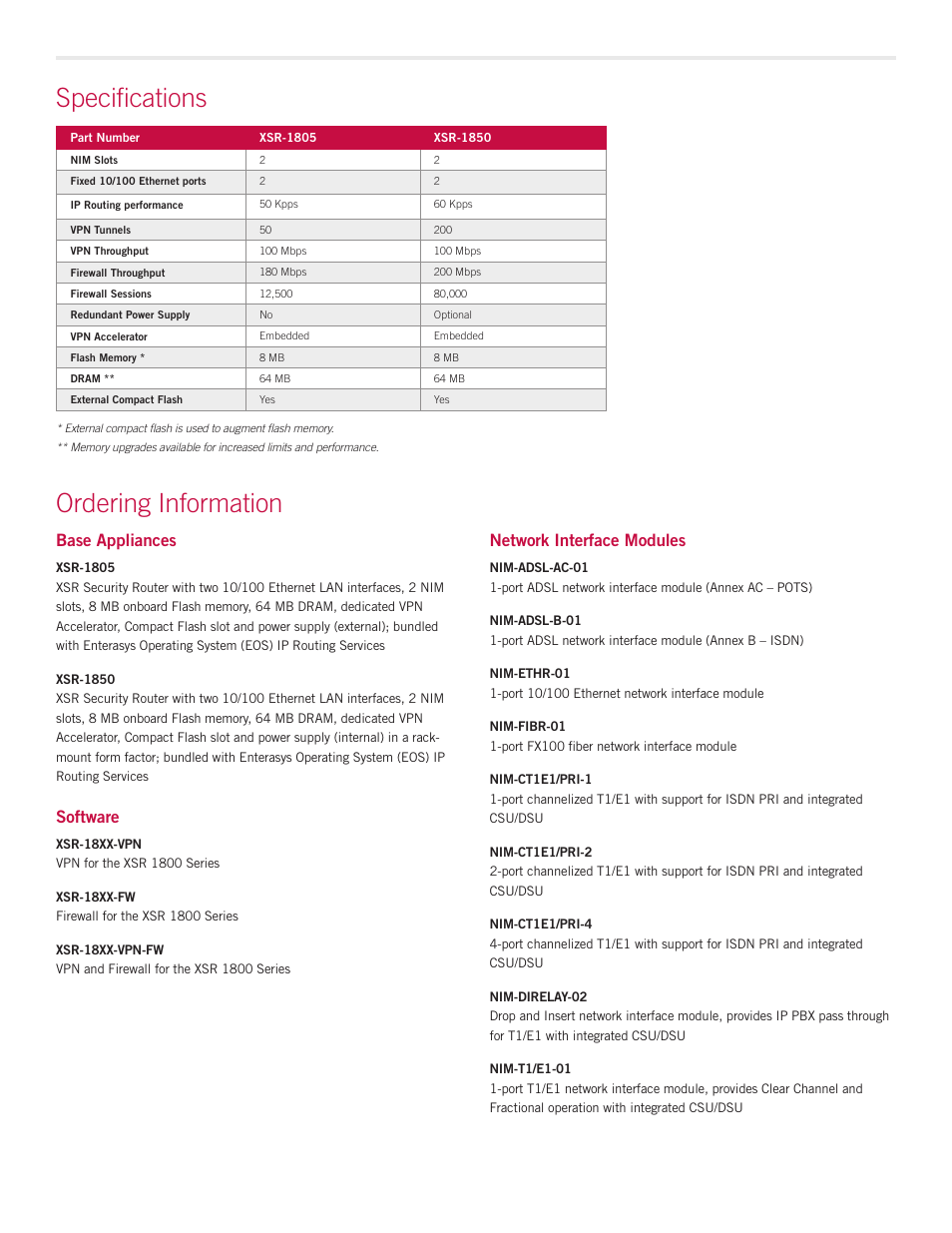 Specifications, Ordering information, Base appliances | Software, Network interface modules | Enterasys Networks XSR 1800 Series User Manual | Page 3 / 5