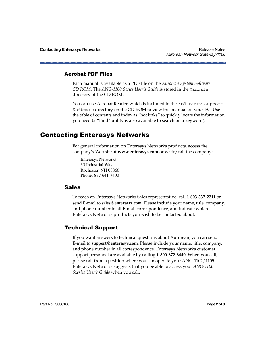 Acrobat pdf files, Contacting enterasys networks, Sales | Technical support | Enterasys Networks Aurorean Network Gateway 1100 Series User Manual | Page 2 / 3