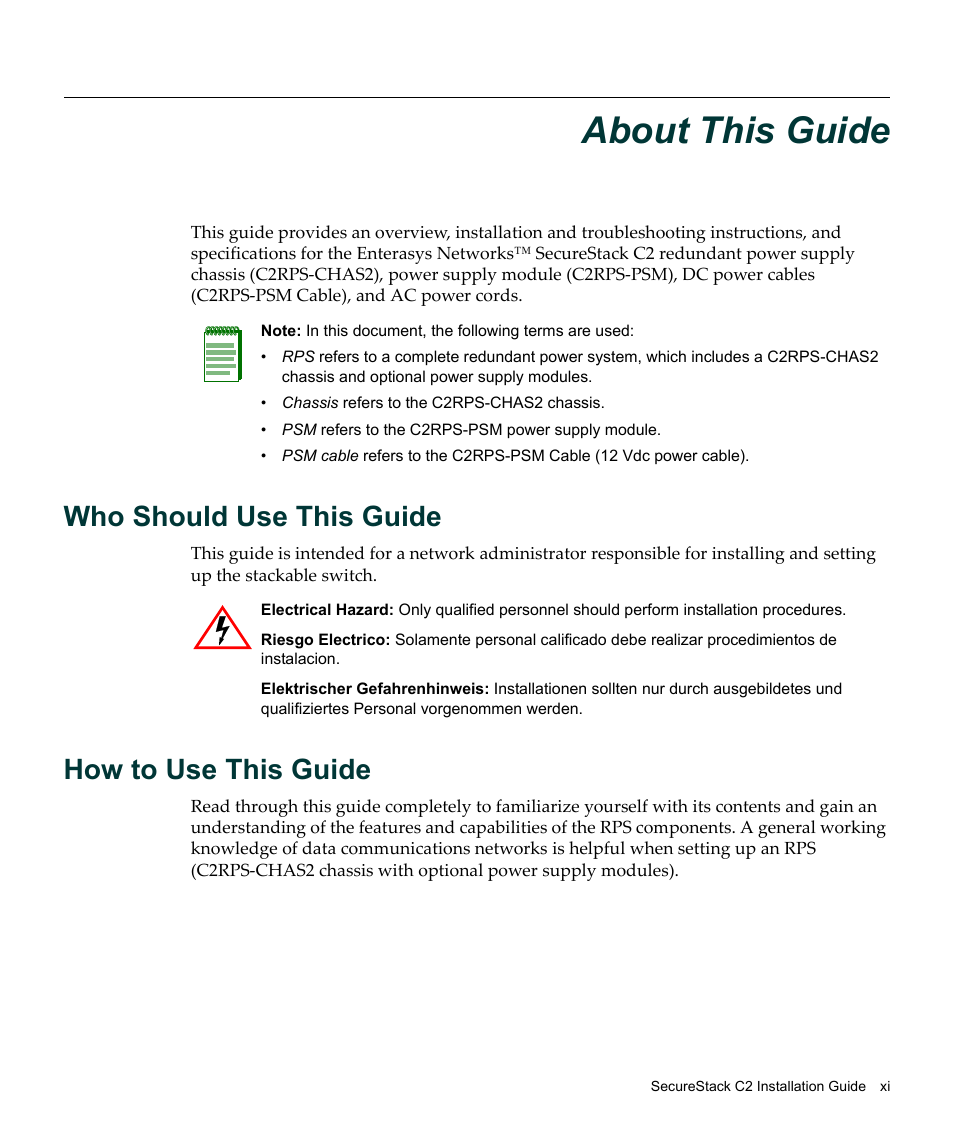 About this guide, Who should use this guide, How to use this guide | Enterasys Networks SecureStack C2RPS-CHAS2 User Manual | Page 13 / 34