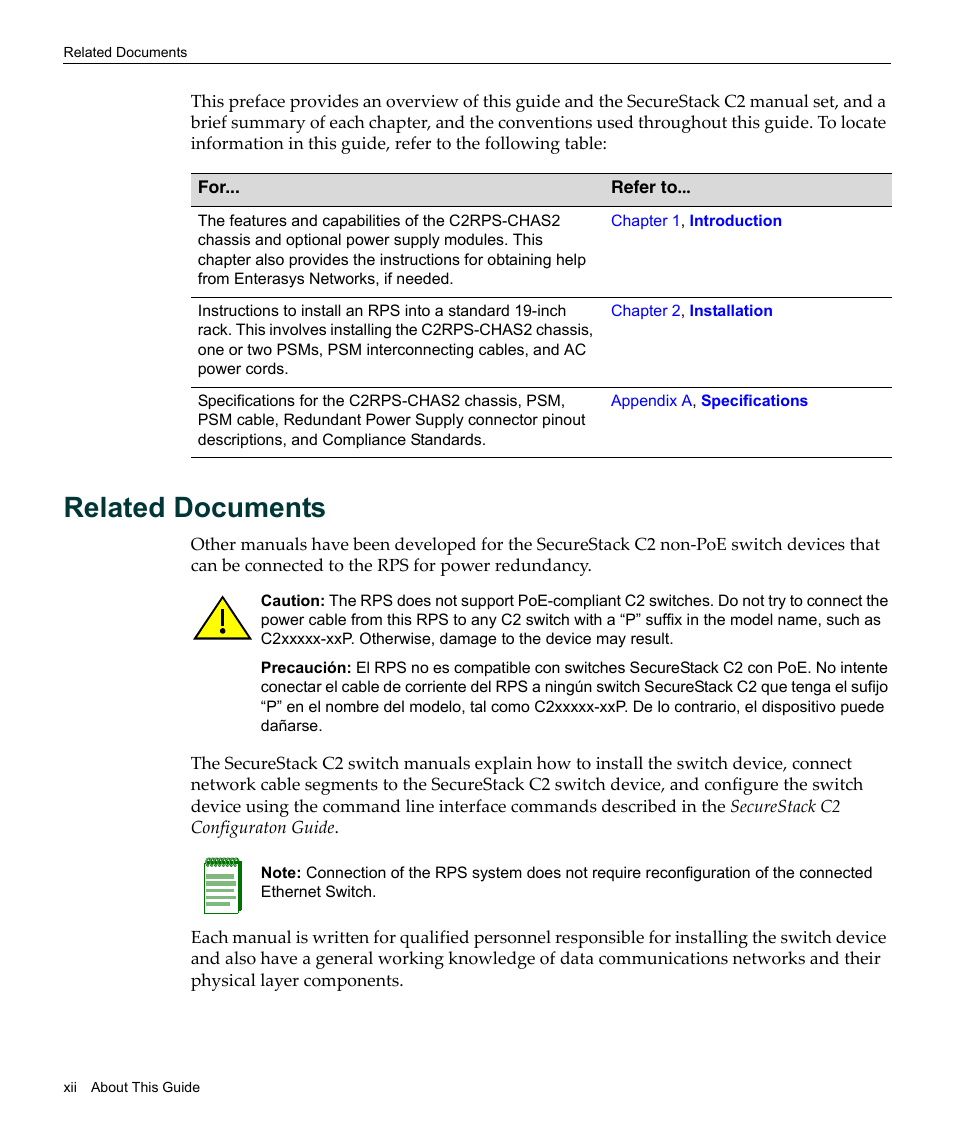 Related documents | Enterasys Networks SecureStack C2RPS-CHAS2 User Manual | Page 14 / 34