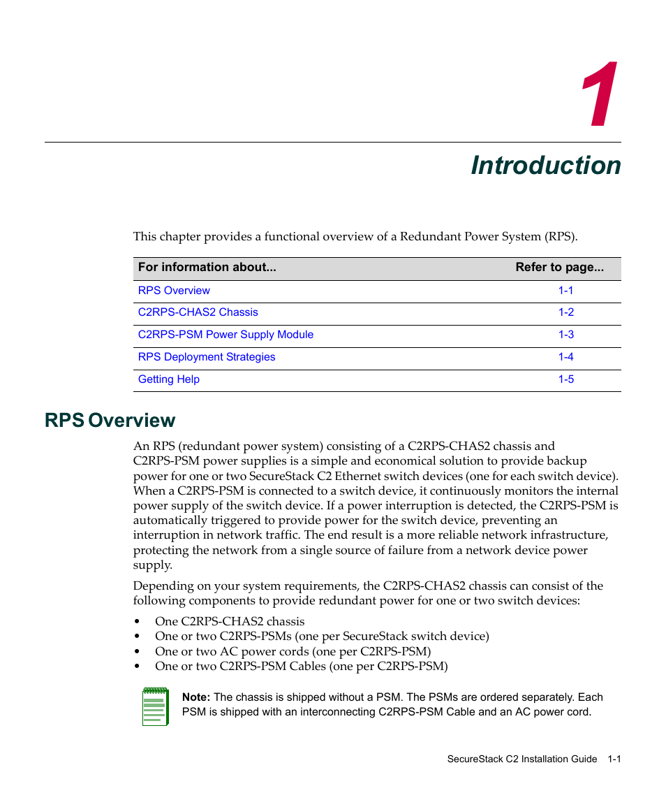 Introduction, Rps overview, Chapter 1: introduction | Rps overview -1, Chapter 1, Overview | Enterasys Networks SecureStack C2RPS-CHAS2 User Manual | Page 17 / 34