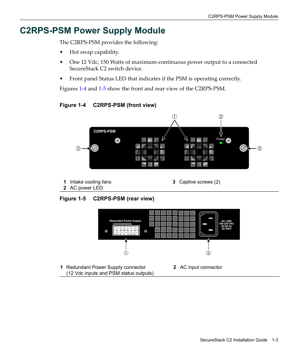 C2rps-psm power supply module, C2rps-psm power supply module -3, C2rps-psm (front view) -3 | C2rps-psm (rear view) -3 | Enterasys Networks SecureStack C2RPS-CHAS2 User Manual | Page 19 / 34