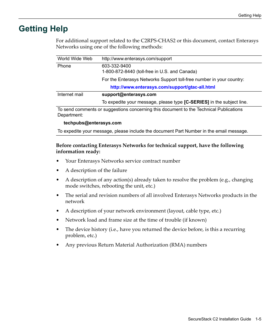 Getting help | Enterasys Networks SecureStack C2RPS-CHAS2 User Manual | Page 21 / 34