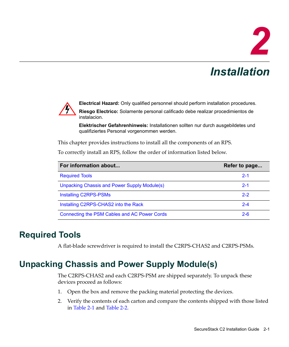 Installation, Required tools, Unpacking chassis and power supply module(s) | Chapter 2: installation, Chapter 2 | Enterasys Networks SecureStack C2RPS-CHAS2 User Manual | Page 23 / 34
