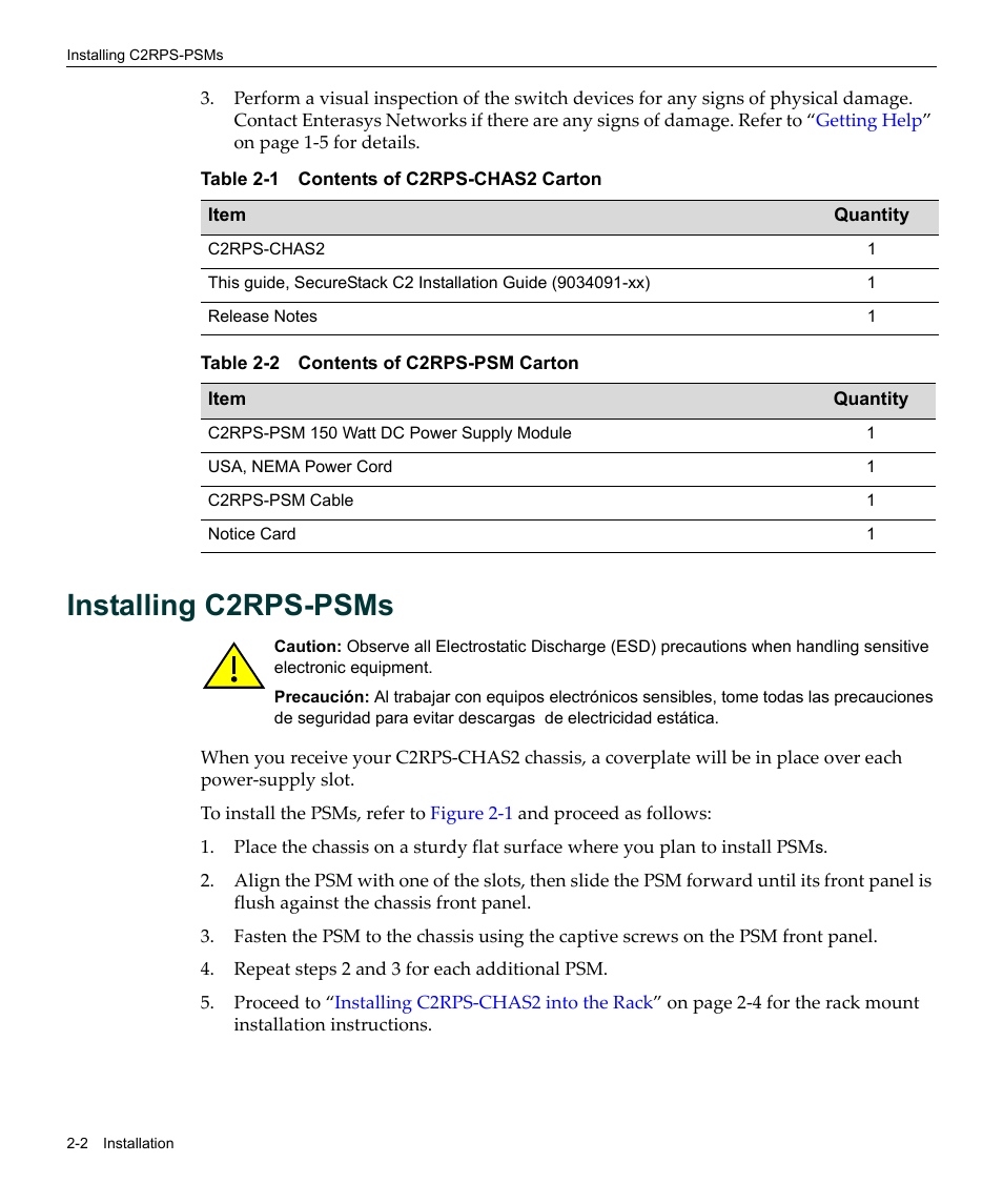 Installing c2rps-psms, Installing c2rps-psms -2, Contents of c2rps-chas2 carton -2 | Contents of c2rps-psm carton -2, Table 2‐1, Table 2‐2 | Enterasys Networks SecureStack C2RPS-CHAS2 User Manual | Page 24 / 34