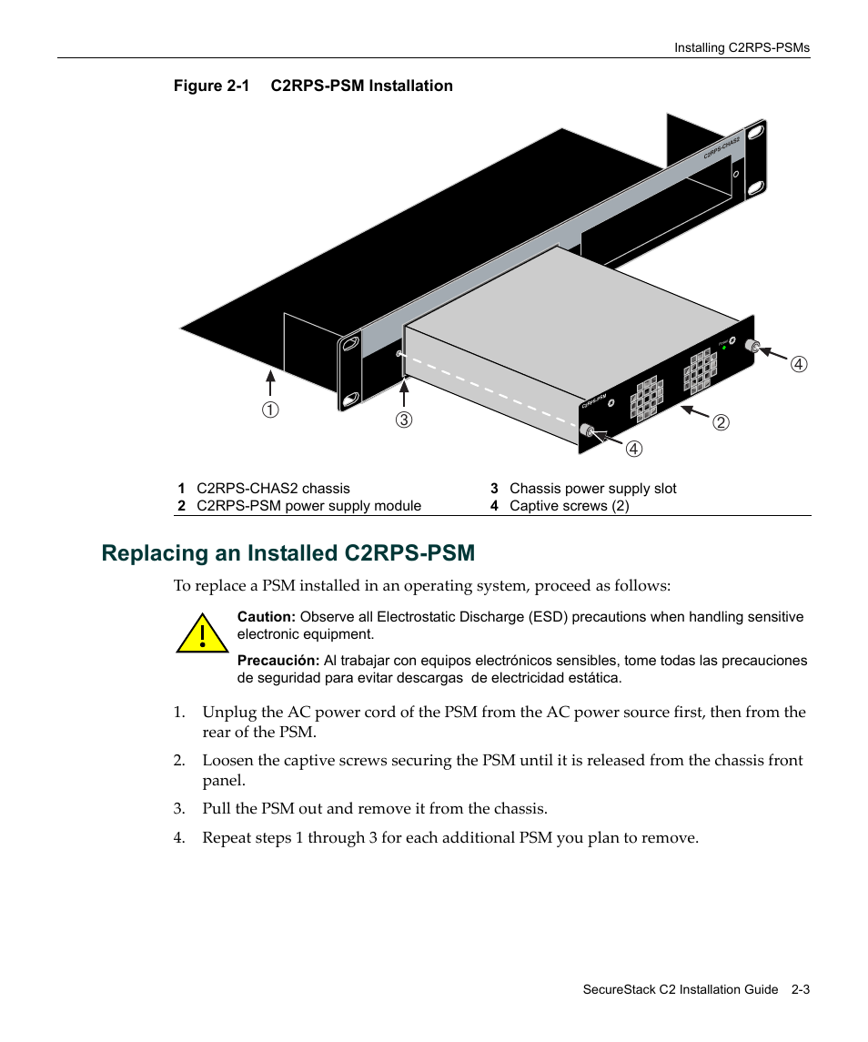 Replacing an installed c2rps-psm, Replacing an installed c2rps-psm -3, C2rps-psm installation -3 | Figure 2‐1, Га в б | Enterasys Networks SecureStack C2RPS-CHAS2 User Manual | Page 25 / 34