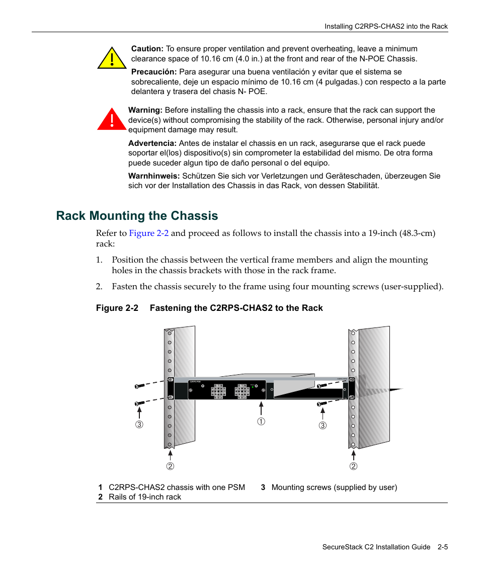 Rack mounting the chassis, Rack mounting the chassis -5, Fastening the c2rps-chas2 to the rack -5 | Аб б в в | Enterasys Networks SecureStack C2RPS-CHAS2 User Manual | Page 27 / 34