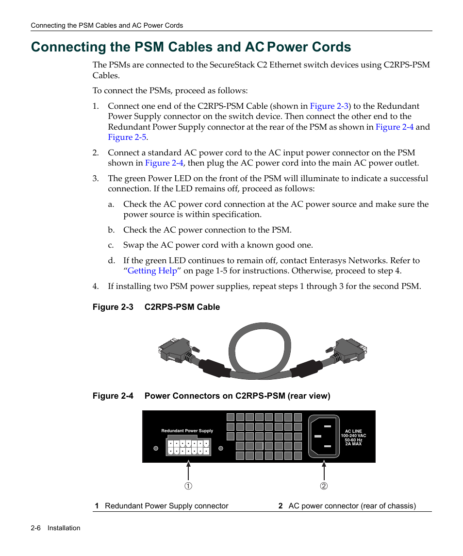 Connecting the psm cables and ac power cords, Connecting the psm cables and ac power cords -6, C2rps-psm cable -6 | Power connectors on c2rps-psm (rear view) -6, Connecting the psm cables and ac, Power cords | Enterasys Networks SecureStack C2RPS-CHAS2 User Manual | Page 28 / 34