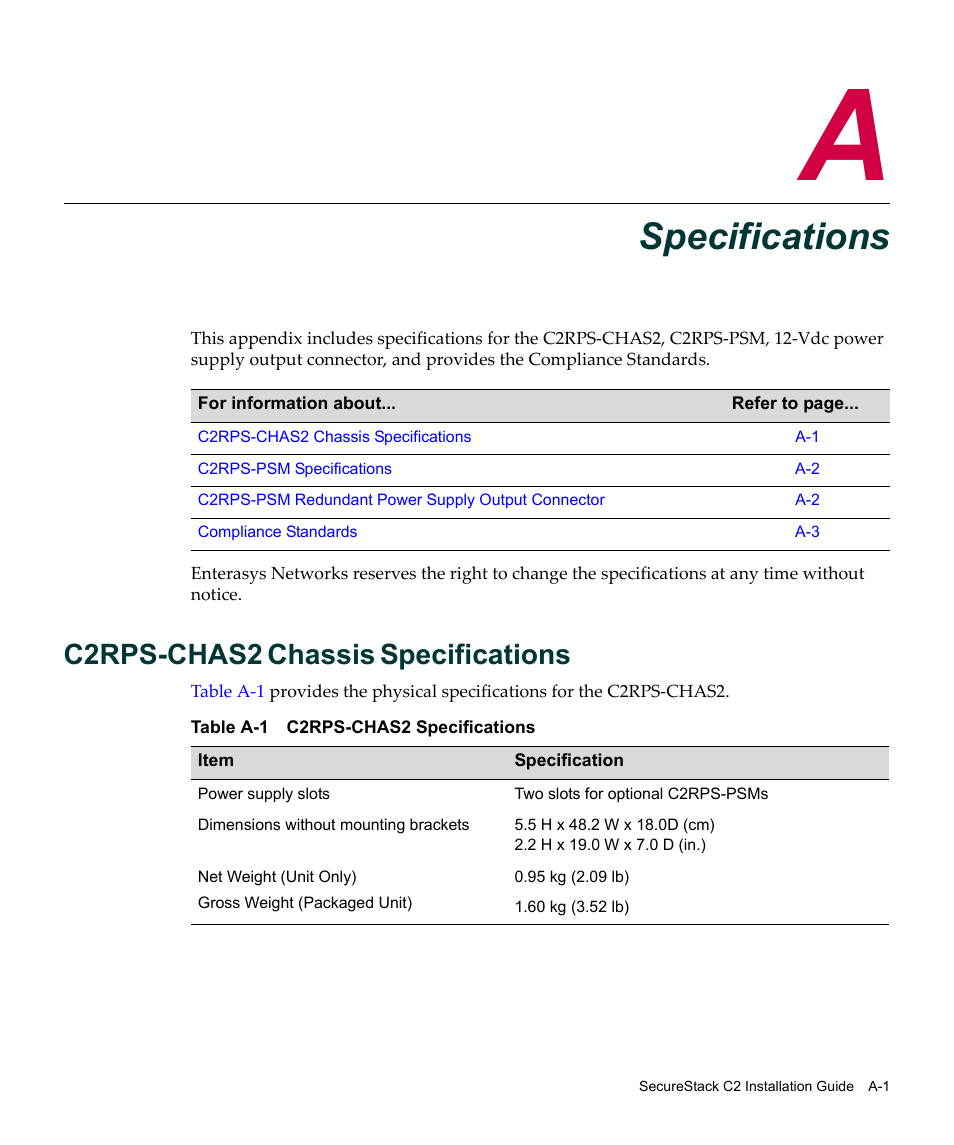 Specifications, C2rps-chas2 chassis specifications, Appendix a: specifications | Appendix a, C2rps-chas2, Chassis | Enterasys Networks SecureStack C2RPS-CHAS2 User Manual | Page 31 / 34
