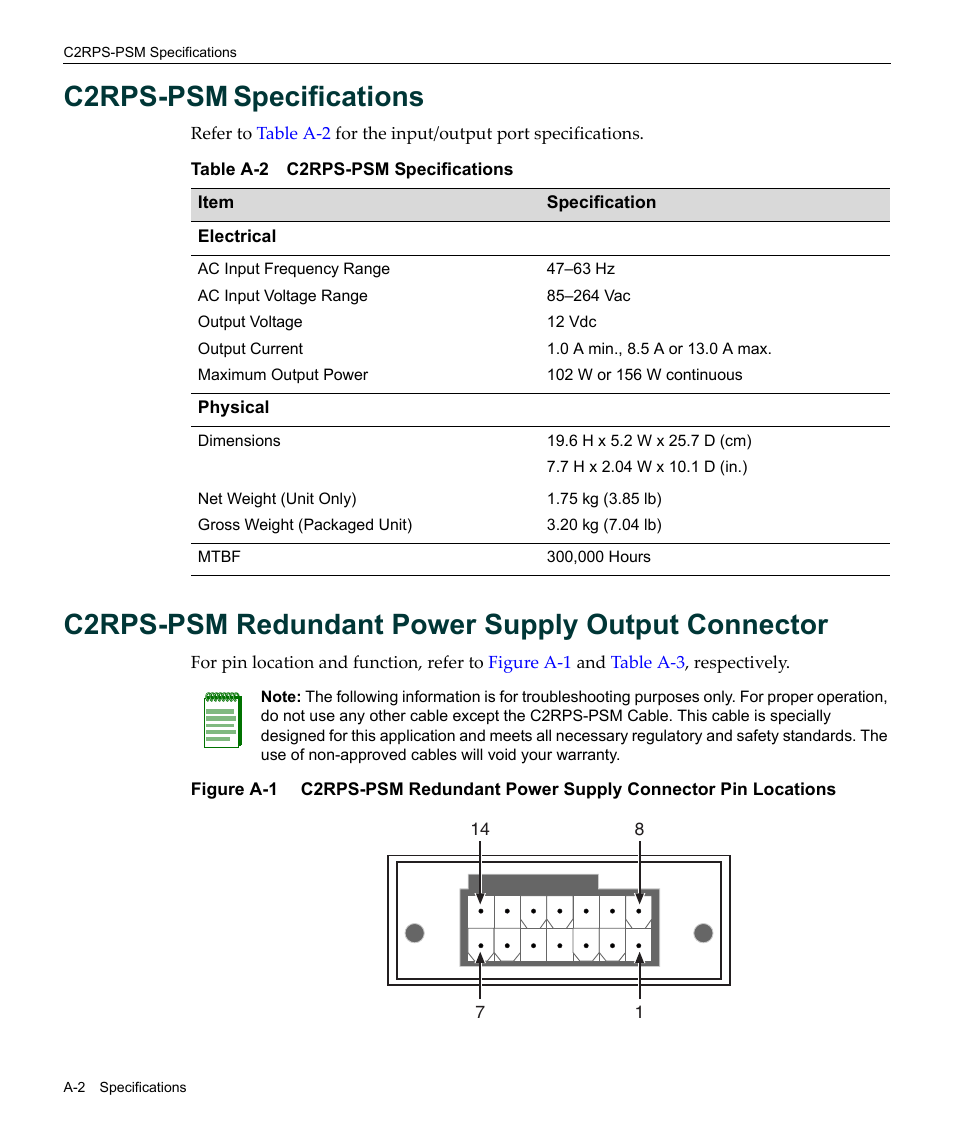 C2rps-psm specifications, C2rps-psm redundant power supply output connector, C2rps‐psm specifications | C2rps-psm, Specifications | Enterasys Networks SecureStack C2RPS-CHAS2 User Manual | Page 32 / 34