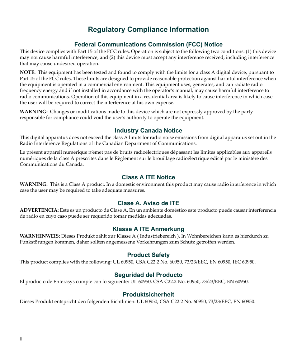 Regulatory compliance information | Enterasys Networks SecureStack C2RPS-CHAS2 User Manual | Page 4 / 34