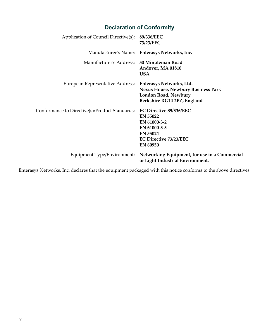 Declaration of conformity | Enterasys Networks SecureStack C2RPS-CHAS2 User Manual | Page 6 / 34