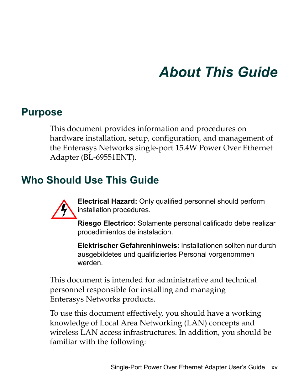 About this guide, Purpose, Who should use this guide | Enterasys Networks Network Ethernet Adapter User Manual | Page 17 / 36