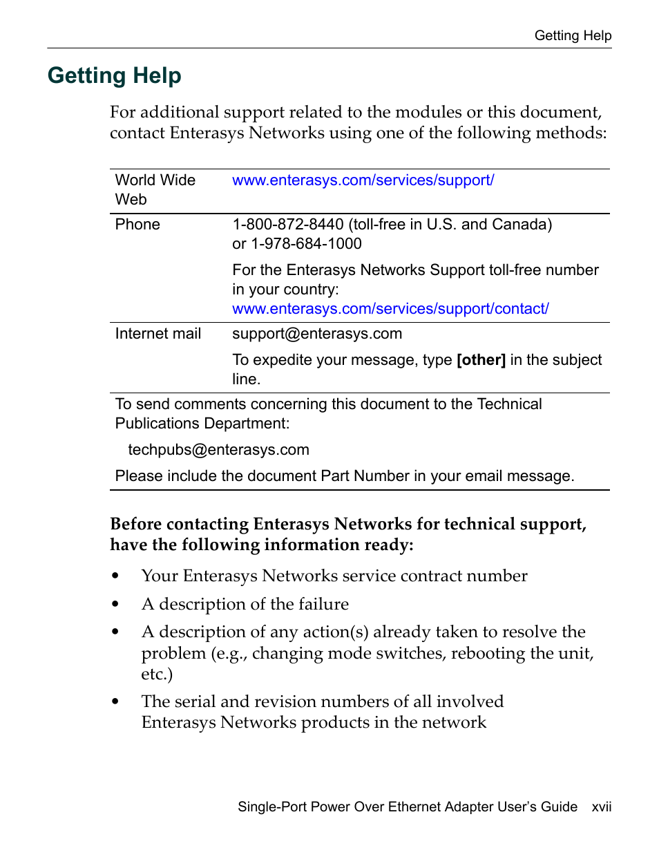 Getting help | Enterasys Networks Network Ethernet Adapter User Manual | Page 19 / 36