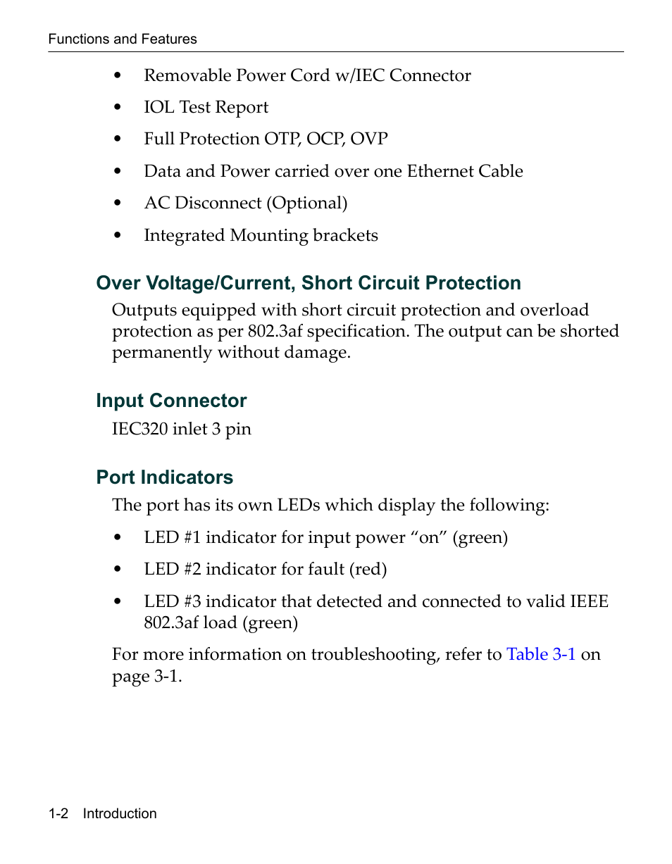 Over voltage/current, short circuit protection, Input connector, Port indicators | Enterasys Networks Network Ethernet Adapter User Manual | Page 22 / 36
