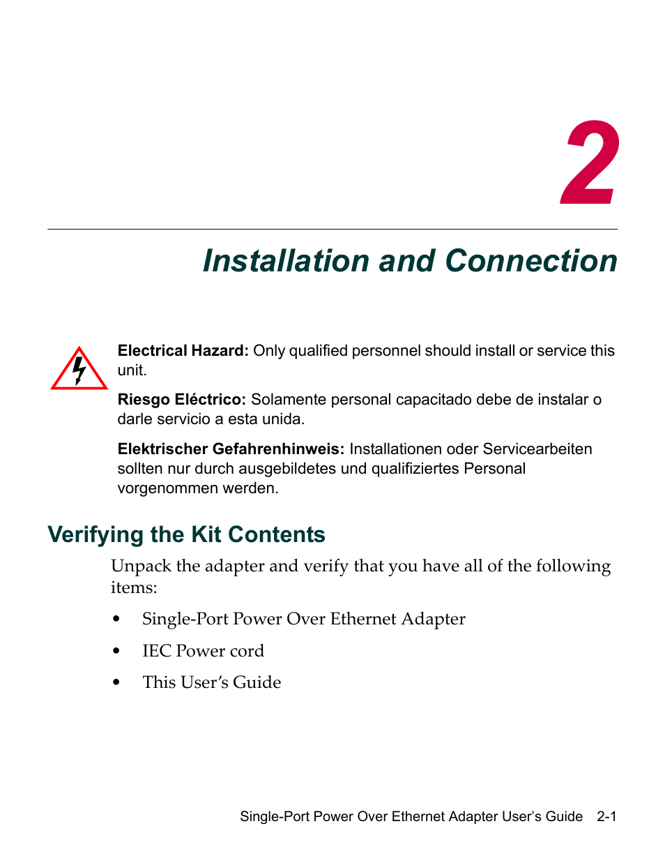 Installation and connection, Verifying the kit contents, Chapter 2: installation and connection | Verifying the kit contents -1 | Enterasys Networks Network Ethernet Adapter User Manual | Page 23 / 36