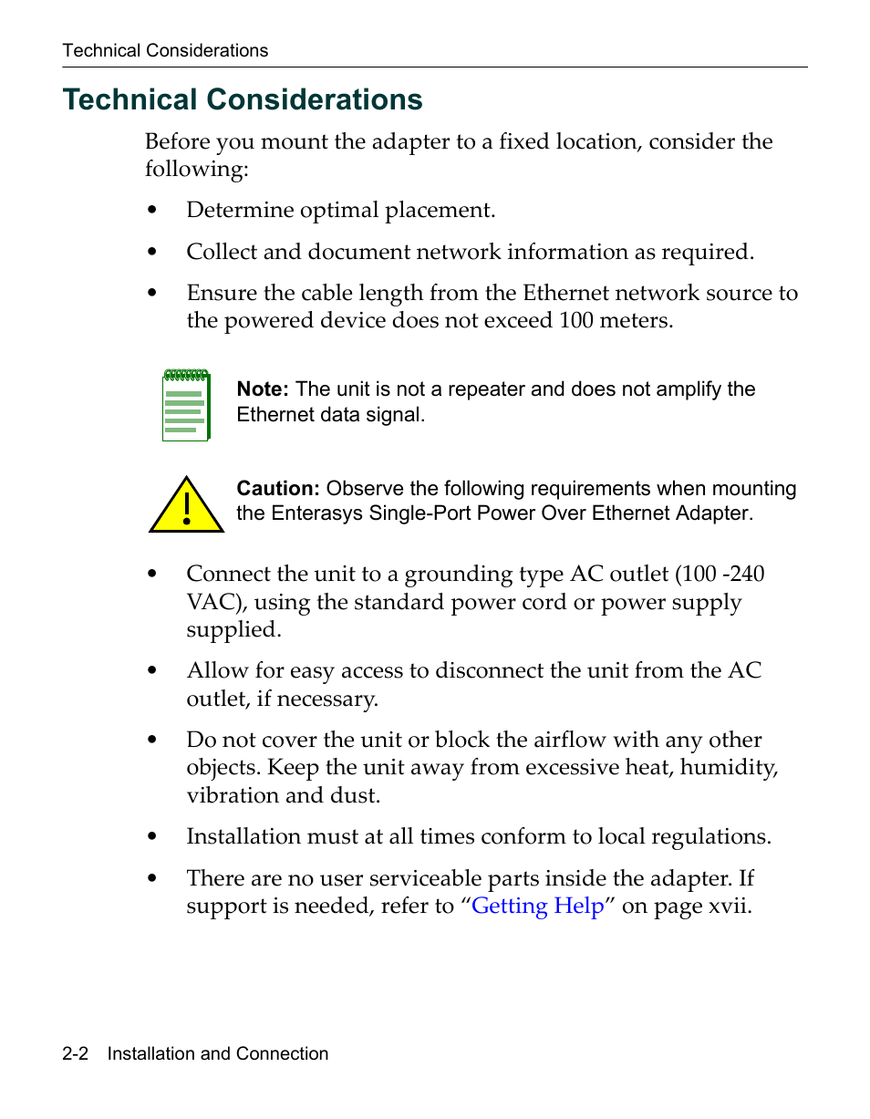Technical considerations, Technical considerations -2 | Enterasys Networks Network Ethernet Adapter User Manual | Page 24 / 36