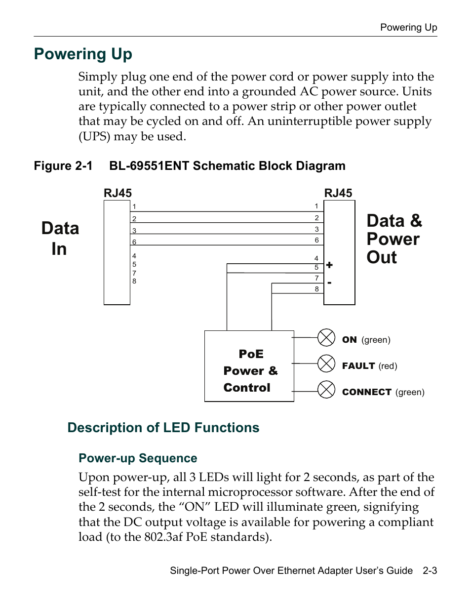 Powering up, Description of led functions, Powering up -3 | Description of led functions -3, Bl-69551ent schematic block diagram -3, Data & power out data in | Enterasys Networks Network Ethernet Adapter User Manual | Page 25 / 36